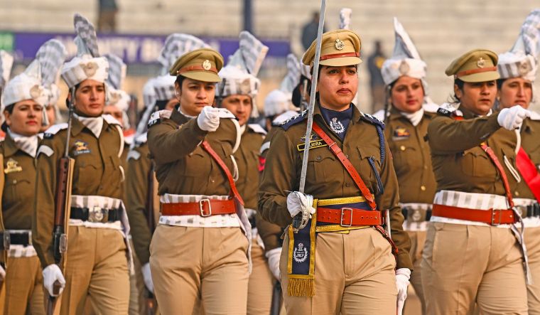 Jammu and Kashmir Armed Police JKAP take part in a full dress rehearsal for the upcoming Republic Day parade at Bakshi stadium in Srinagar on January 24, 2024